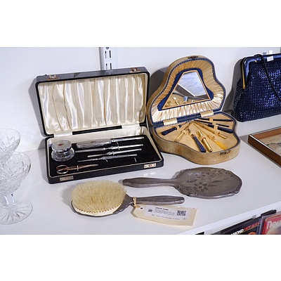 Art Deco Manicure Set, vintage Alpaca Metal Hand Mirror & Brush and Travel Set