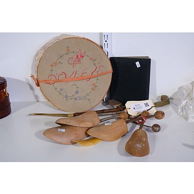 Assorted Vintage Shoe Horns and Last, Doily Holder with 8 Doilies and a Leather Bound Note Book
