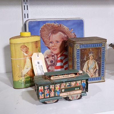 Three Vintage Tins and a San Francisco 514 Tin Toy Cable Car