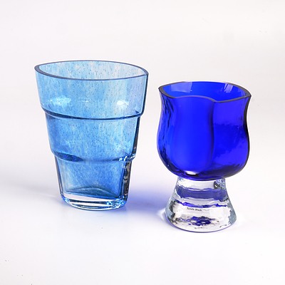 Retro Blue Mezzo Kosta Boda Vase by Ann Wahlstrom and an art Glass Goblet by Renate Stock