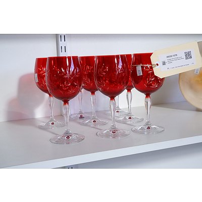 Vintage Set of Eight Laurel Bohemian Ruby Glass Wine Goblets