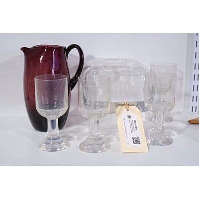 Retro Guzzine Ice Bucket, Scandinavian Glass Water Jug and Four Perspex Goblets