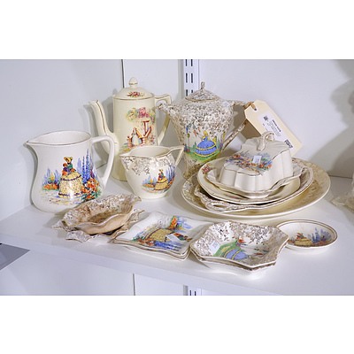 Vintage Crinoline Lady Porcelain Teapots, Pin Dishes, Jugs, Butter Dish and Plates