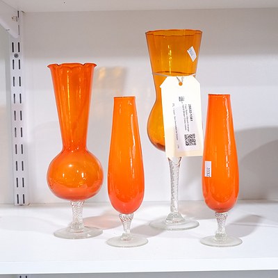 Four Retro Vibrant Orange Hand Blown Glass vases