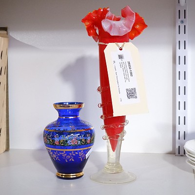 Victorian Cased Glass Vase with Frilled Rim and a Bohemian Glass Vase with Floral Motif