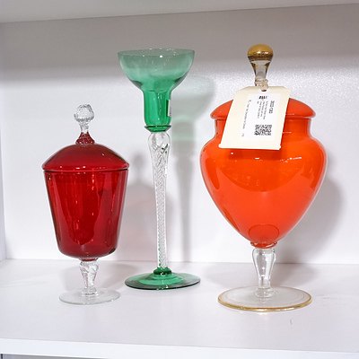 Two Retro Hand Blown Glass Lidded Pedestal Jars and a Green Art Glass Candle Holder