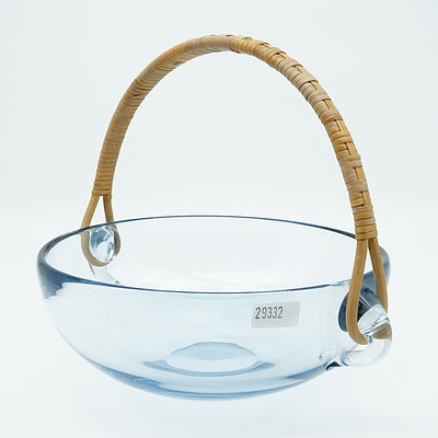 Vintage Holmegaard  Blue Studio Glass Bowl with Cane Handle - Designed by Per Lutken 1962 - Signed to Base