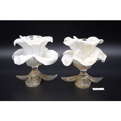 Pair of Vintage Murano Glass Flower Candle Holders with Cased Gold Fleck