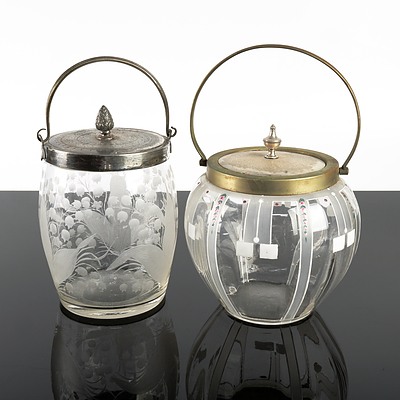 Art Deco Enamel and Glass Biscuit Barrel and a Silverplate and Etched Glass Biscuit Barrel (2)