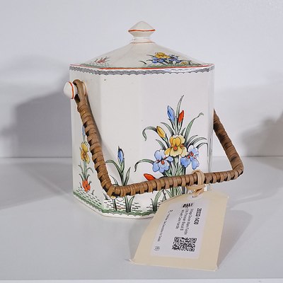 Vintage Devon Ware Fielding Iris Porcelain Biscuit Barrel with Cane Handle