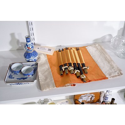 Japanese Saki Bottle with Two Cups, Silk Placemat & Chopstick Set