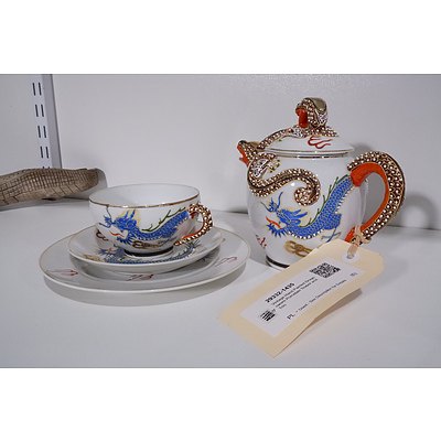 Vintage Hand Painted Dragonware Porcelain Teapot and Trio