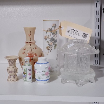 Assorted Japanese Glass and Porcelain Vases, Japanese Candle Holder and Carved Wooden Stand
