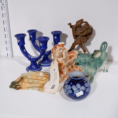 Art Deco Dog Vase, Pair of Hungarian Candlesticks and Assorted Collectibles