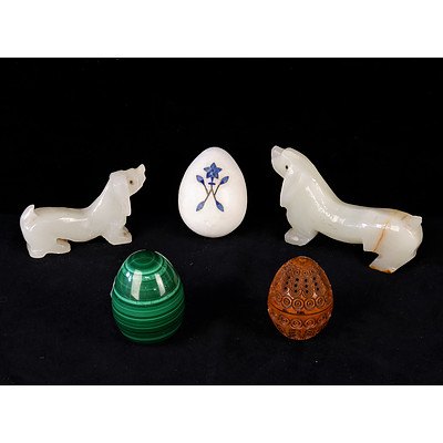 Two Onyx Carved Dogs, Malachite and Marble Eggs and a Carved Wooden Egg Trinket Box