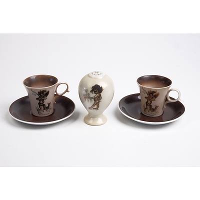 Two Vintage Brownie Downing Demitasse Cups & Saucers and a Salt Shaker