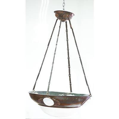 Art Deco Pressed Copper Pendant Light With Opalescent Glass Inserts