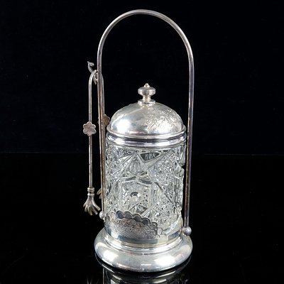 Vintage Willox Silverplate and Pressed Glass pickle Jar with Tongs