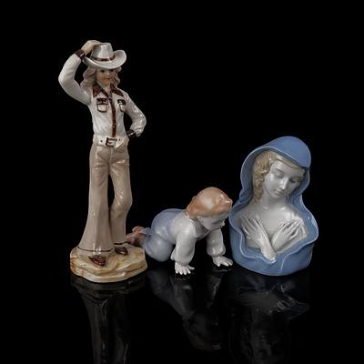 Madonna, Crawling Child and Cowgirl Porcelain Figurines (3)