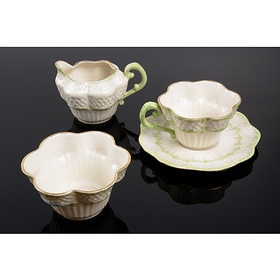 Belleek Cup and Saucer, Two Sugar Bowls Creamer and Shell Dish