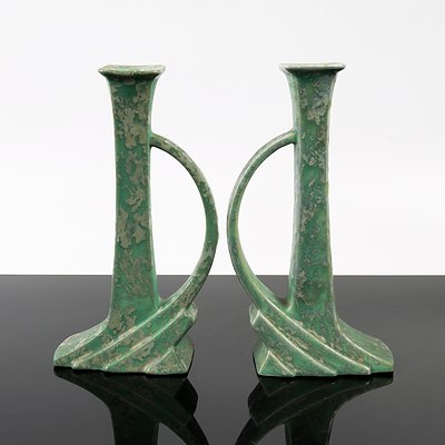 Pair of Art Deco Green Salt Glazed Ceramic Candlesticks, Probably Pierrefonds