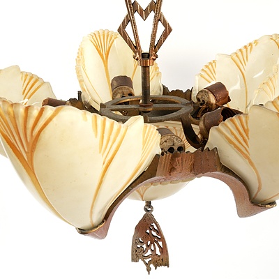 Art Deco Patinated Metal Batwing Pendant Light Fitting with Five Slipper Glass Shades, Circa 1930s