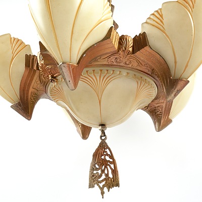 Art Deco Patinated Metal Batwing Pendant Light Fitting with Five Slipper Glass Shades, Circa 1930s