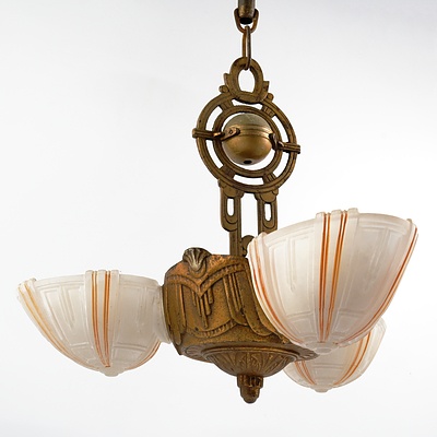 Art Deco Patinated Metal Pendant Light Fitting with Three Slipper Opaque Glass Shades, Circa 1930s