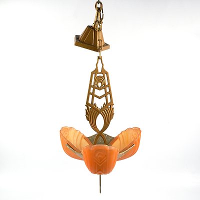 Art Deco Patinated Metal Pendant Light Fitting with Three Slipper Opaque Moulded Amber Glass Shades, Circa 1930s