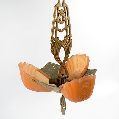 Art Deco Patinated Metal Pendant Light Fitting with Three Slipper Opaque Moulded Amber Glass Shades, Circa 1930s