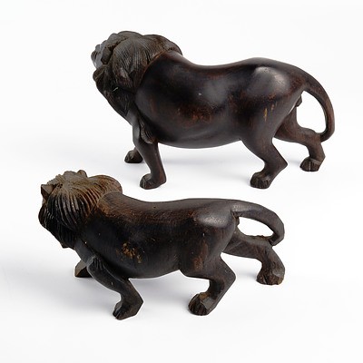 Two Vintage Carved Ebony Lion Figurines (2)