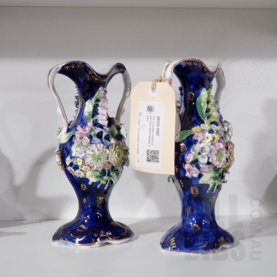 Pair of Austrian Cobalt Glaze Floral Motif Handled Vases