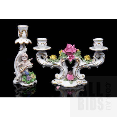 Vintage Dresden Two-prong Porcelain Candlestick with Rose Motif, and Single Dresden with Child Playing Flute