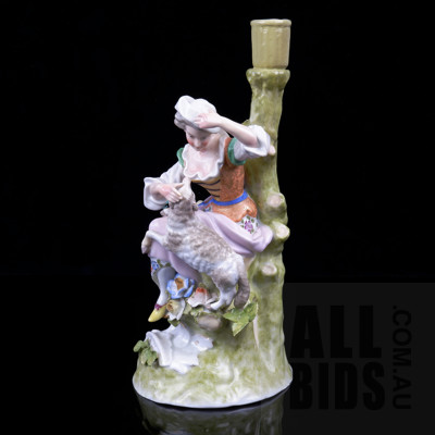 Large Dresden Figural Candlestick Featuring Woman with Lamb