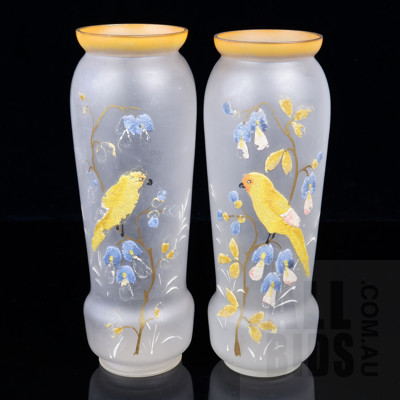 Pair of Antique Opaque Frosted Glass Vases Encrusted with Tiny Glass Beads with Birds and Blossom Motif