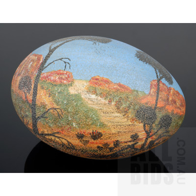 Hand Painted Emu Egg Depicting Australian Landscape -Dated 1991 and Signed Indistinctly Lower Left