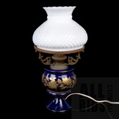 Italian Florentine Cobalt Blue and Gilt Porcelain Table Lamp with Milk Glass Shade