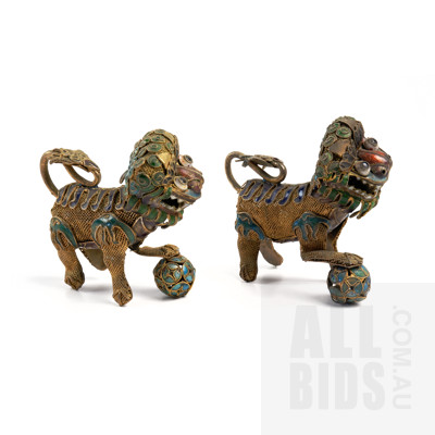 Pair Chinese Silver Gilt and Guilloche Enamel Articulated Foo Dogs