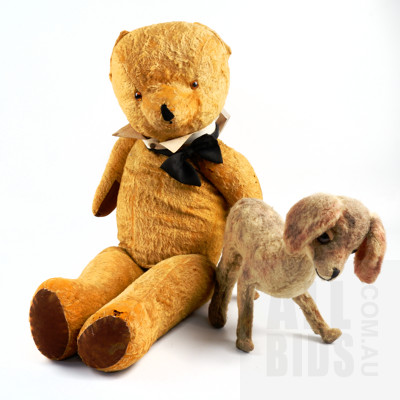 Large Early 20th Century Straw Filled Articulated Teddy Bear with Wool and Hessian Lamb