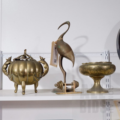 Chinese Brass Pumpkin Form Censer, Engraved Brass Stork and More 