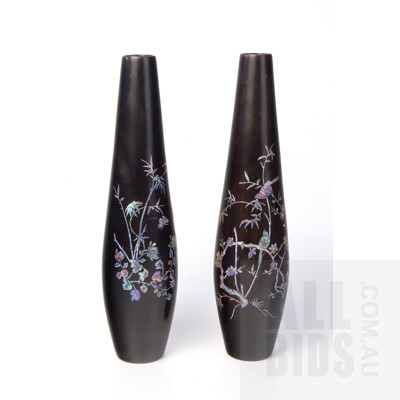 Pair Vietnamese Black Lacquered Vases with Iridescent Mother of Pearl Birds and Blossoms