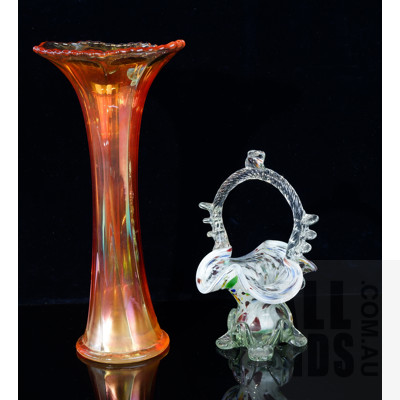 Large Iridescent Orange Carnival Glass Vase and Murano Art Glass Basket Vase 
