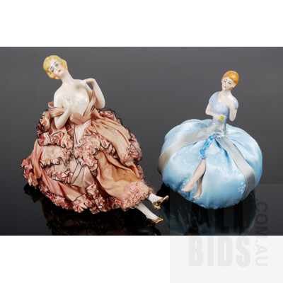 Two Antique Porcelain Half Dolls -Boudoir Figurine and Pin Cushion