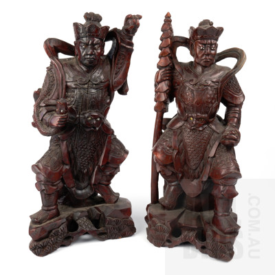 Two Chinese Carved Hardwood Guan Gong Guan Yu Warrior Statues