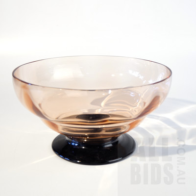 Large French Art Deco Studio Glass Bowl in a Smokey Lustrous Peach with Glossy Black Base