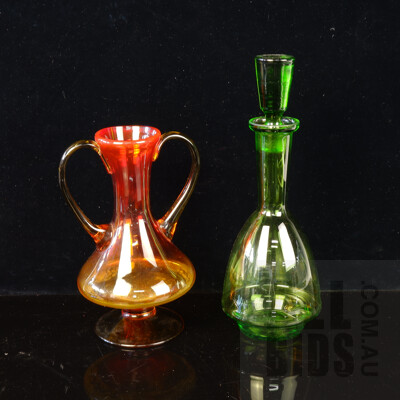 Retro Green Glass Decanter and Sunset Ombre Handled Vase
