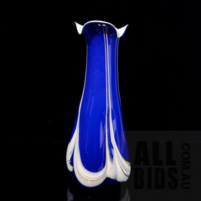 Cobalt Blue and Cased White Studio Art Glass Fluted Vase