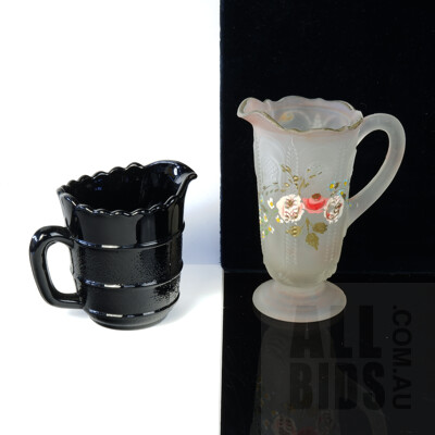 Victorian Pressed Black Glass Jug and Handpainted Frosted Victoran Jug