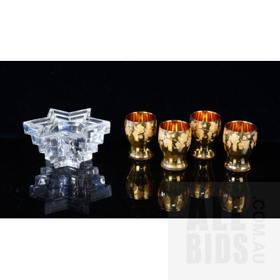 Vintage WMF German Crystal Layered Star Shaped Votive Holder and Four European Gilded and Etched 1950s Port Glasses