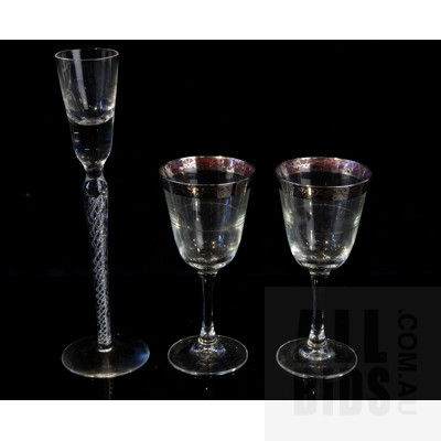 Pair French Art Deco Sherry Glasses with Silver Gilt Rims and a Tall Air Twist Stem Glass